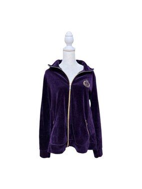 Lauren Ralph Lauren Purple Velvet Track Jacket XL Gold Zip Crest Logo